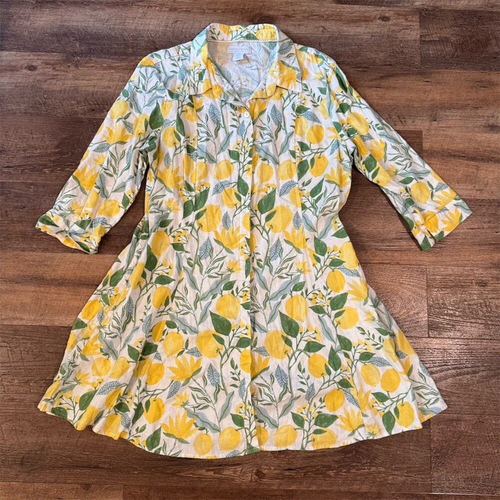 Martha Stewart Collection Shirt Dress Pockets XL Lemon Print Yellow Linen Blend